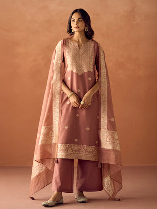 Pink Cotton Blend Jacquard Woven Suit Set with Organza Dupatta