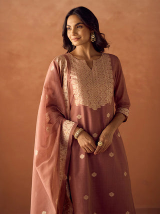 Pink Cotton Blend Jacquard Woven Suit Set with Organza Dupatta