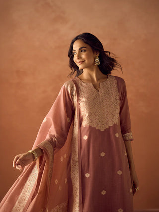 Pink Cotton Blend Jacquard Woven Suit Set with Organza Dupatta