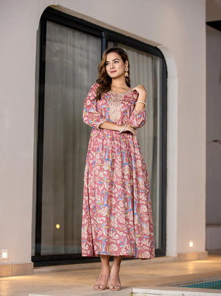 Pink Cotton Floral Print & Sequins Detailing Maxi Style Dress