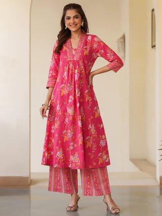 Pink Cotton Floral Print A Line Kurta Bottom Set
