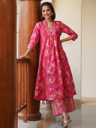 Pink Cotton Floral Print A Line Kurta Bottom Set