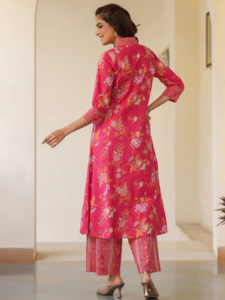 Pink Cotton Floral Print A Line Kurta Bottom Set