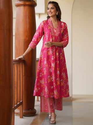 Pink Cotton Floral Print A Line Kurta Bottom Set