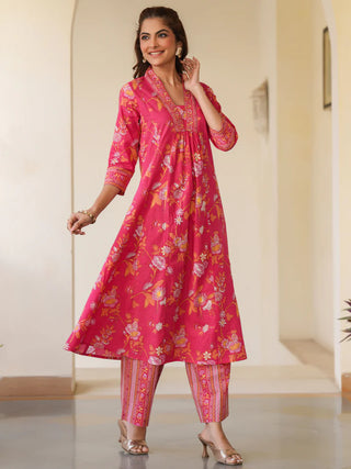 Pink Cotton Floral Print A Line Kurta Bottom Set