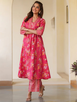 Pink Cotton Floral Print A Line Kurta Bottom Set