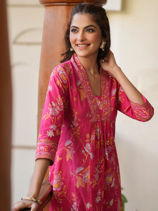 Pink Cotton Floral Print A Line Kurta Bottom Set