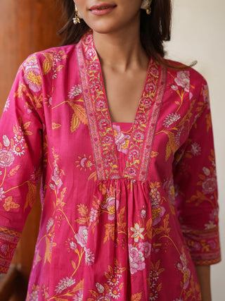 Pink Cotton Floral Print A Line Kurta Bottom Set