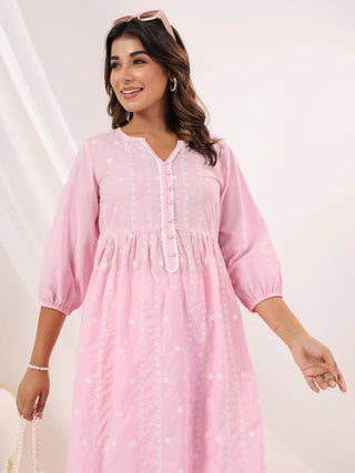 Pink Pure Cotton Floral Embroidered A Line Kurta Bottom Set
