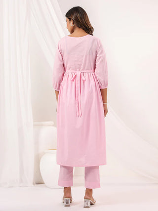 Pink Pure Cotton Floral Embroidered A Line Kurta Bottom Set