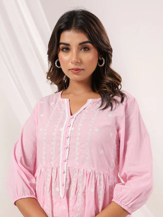 Pink Pure Cotton Floral Embroidered A Line Kurta Bottom Set