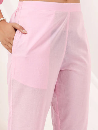 Pink Pure Cotton Floral Embroidered A Line Kurta Bottom Set