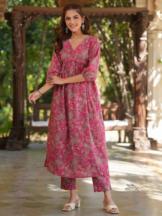 Pink Cotton Floral Print A-Line Kurta Bottom Set