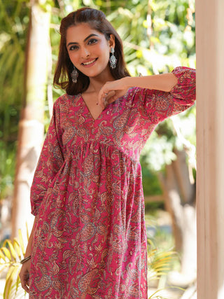Pink Cotton Floral Print A-Line Kurta Bottom Set