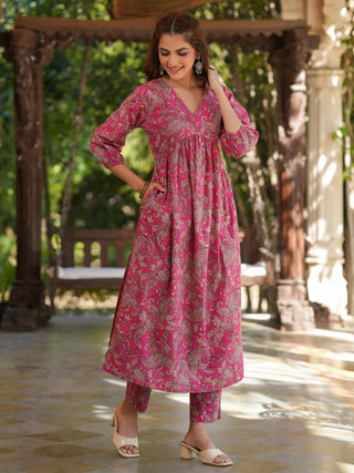 Pink Cotton Floral Print A-Line Kurta Bottom Set