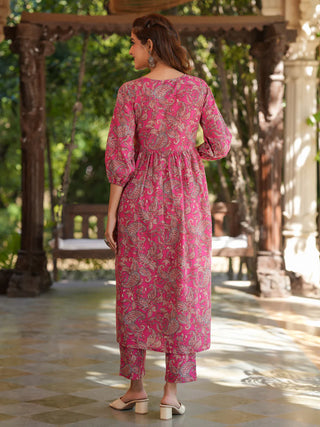 Pink Cotton Floral Print A-Line Kurta Bottom Set