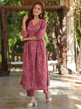Pink Cotton Floral Print A-Line Kurta Bottom Set