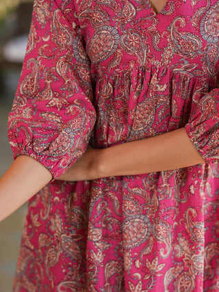 Pink Cotton Floral Print A-Line Kurta Bottom Set