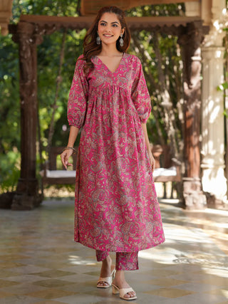 Pink Cotton Floral Print A-Line Kurta Bottom Set