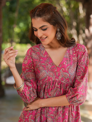 Pink Cotton Floral Print A-Line Kurta Bottom Set