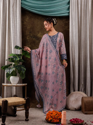 Pink Cotton Floral Print & Lace Work Suit Set with Voile Dupatta