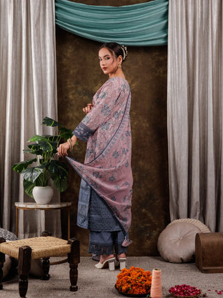 Pink Cotton Floral Print & Lace Work Suit Set with Voile Dupatta