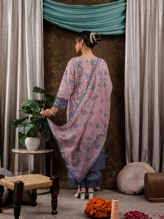 Pink Cotton Floral Print & Lace Work Suit Set with Voile Dupatta