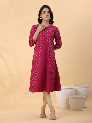 Pink Crepe Foil Print A Line Kurta