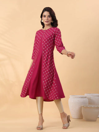 Pink Crepe Foil Print A Line Kurta