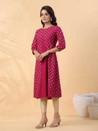 Pink Crepe Foil Print A Line Kurta