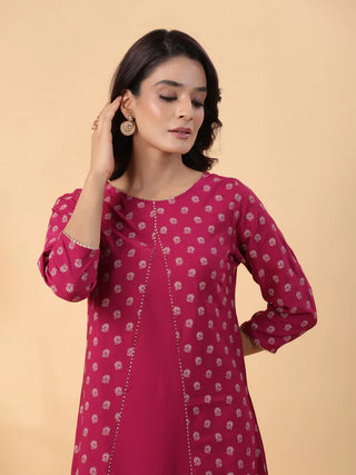 Pink Crepe Foil Print A Line Kurta