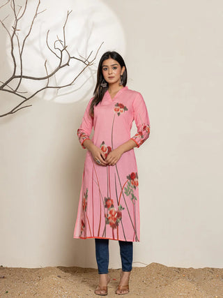 Pink Silk Blend Digital Floral Printed Kurta