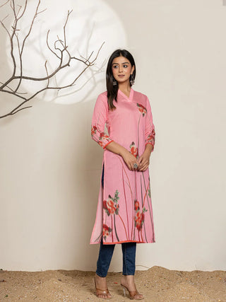 Pink Silk Blend Digital Floral Printed Kurta