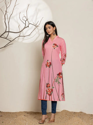 Pink Silk Blend Digital Floral Printed Kurta