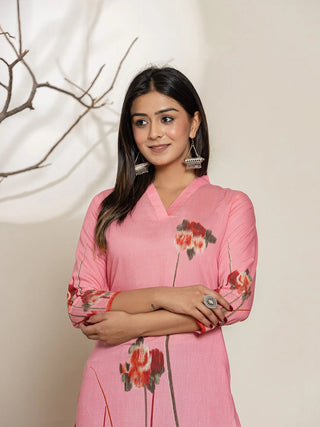 Pink Silk Blend Digital Floral Printed Kurta