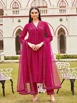 Crimson, Pink Silk Blend Mirror Embroidered A Line Alia Cut Suit Set with Net Dupatta