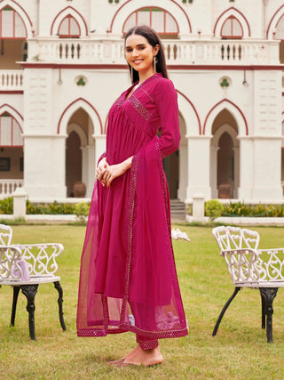 Crimson, Pink Silk Blend Mirror Embroidered A Line Alia Cut Suit Set with Net Dupatta