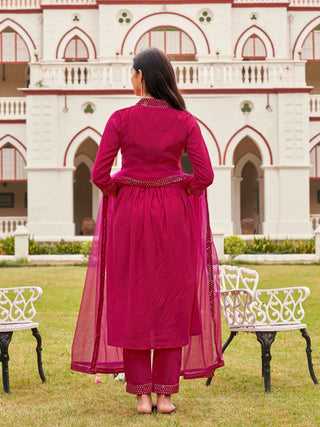 Crimson, Pink Silk Blend Mirror Embroidered A Line Alia Cut Suit Set with Net Dupatta