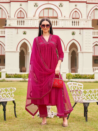 Crimson, Pink Silk Blend Mirror Embroidered A Line Alia Cut Suit Set with Net Dupatta