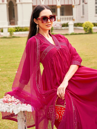 Crimson, Pink Silk Blend Mirror Embroidered A Line Alia Cut Suit Set with Net Dupatta