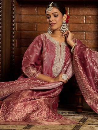 Pink Silk Blend Embroidered Straight Shape Suit Set with Dupatta