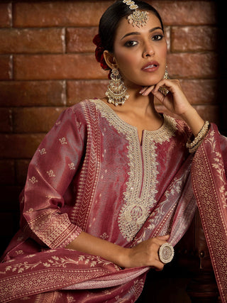 Pink Silk Blend Embroidered Straight Shape Suit Set with Dupatta