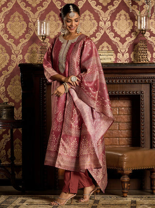 Pink Silk Blend Embroidered Straight Shape Suit Set with Dupatta