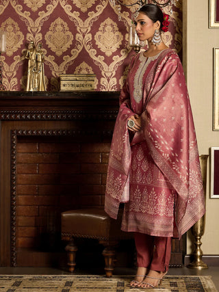 Pink Silk Blend Embroidered Straight Shape Suit Set with Dupatta