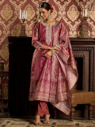 Pink Silk Blend Embroidered Straight Shape Suit Set with Dupatta