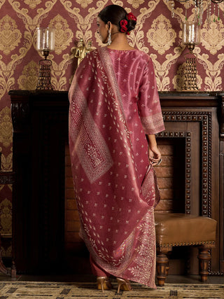 Pink Silk Blend Embroidered Straight Shape Suit Set with Dupatta