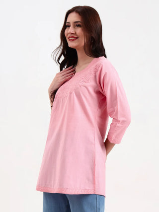 Pink Cotton Floral Embroidered Short Kurta