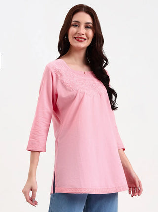Pink Cotton Floral Embroidered Short Kurta