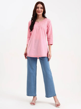 Pink Cotton Floral Embroidered Short Kurta