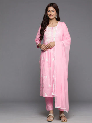 Pink Cotton Thread Embroidered Straight Shape Kurta Trouser Set with Silk Chiffon Dupatta